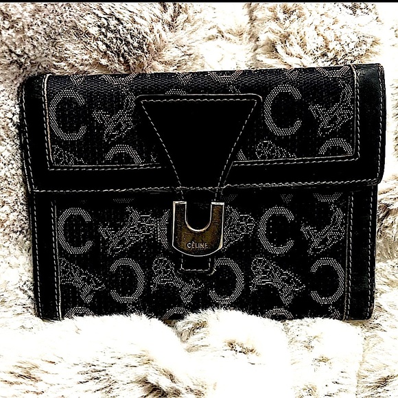 Celine Bi-fold Carriage Sulky Jacquard Leather Navy color vintage - Picture 1 of 8